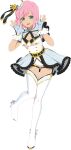  1girl artist_request belt black_belt black_bow black_trim boots bow breasts cleavage clothing_request copyright_request estellise_sidos_heurassein fingerless_gloves full_body game_asset gloves gold_trim green_eyes grey_gloves hands_up hat highres idol idol_clothes idolmaster light_blush looking_at_viewer medium_breasts mini_hat multicolored_bow official_alternate_costume official_art open_mouth pink_hair short_hair simple_background smile solo standing standing_on_one_leg tales_of_(series) tales_of_asteria tales_of_vesperia thigh_boots third-party_source transparent_background white_boots white_bow white_hat 