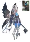  1girl absurdres animal_ears arm_at_side bare_shoulders black_shirt black_shorts black_tail black_wings blue_eyes blue_hair blue_pantyhose boots cat_ears cat_tail chain chain_halo chain_leash closed_mouth clothing_cutout colored_inner_hair criss-cross_straps dark-skinned_female dark_skin detached_sleeves double-parted_bangs feathered_wings flat_chest full_body furisode_sleeves grey_boots halo hand_up highres hip_vent holding holding_key holding_leash holding_own_leash juliet_sleeves key knee_boots leash leg_armor long_hair long_sleeves multicolored_hair multiple_wings original oversized_clothes pantyhose photo_inset pigeon-toed ponytail puffy_sleeves rattail reference_inset shirt shorts simple_background sleeveless sleeveless_shirt solo standing tail toga_(toganawa) two-tone_tail unfinished very_long_hair white_background white_halo white_tail wide_sleeves wings 
