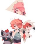  1boy 2017 ? ahoge broadcast_illusion_(vocaloid) deformed ganjababy123456789 ghost_and_pals hair_over_one_eye hand_on_own_hip highres holding holding_microphone kennith_simmons lycanroc lycanroc_(midnight) microphone pokemon_(creature) red_eyes red_hair simple_background smile speech_bubble vocaloid werewolf white_background wolf zorua 