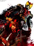  1boy absurdres armor black_jacket brown_hair helmet henshin_pose highres instrument jacket kamen_rider kamen_rider_kiva kamen_rider_kiva_(series) male_focus obakelope0530 red_armor rider_belt shirt short_hair tokusatsu violin white_shirt 