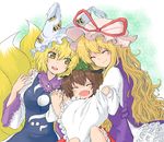  abekawa blonde_hair brown_eyes chen child closed_eyes fang girl_sandwich happy hat hat_ribbon hug long_hair multiple_girls open_mouth ribbon sandwiched short_hair smile touhou yakumo_ran yakumo_yukari yellow_eyes 