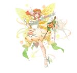  1girl bare_shoulders blonde_hair blush breasts butterfly_wings dress fairy fairy_wings fire_emblem fire_emblem_heroes flower full_body gloves hair_between_eyes hair_ornament insect_wings looking_at_viewer medium_breasts miyako_(xxxbibit) multicolored_hair official_alternate_costume official_art open_mouth peony_(fire_emblem) peony_(interwoven_dream)_(fire_emblem) pointy_ears purple_eyes second-party_source shoes sidelocks simple_background smile solo staff standing standing_on_one_leg teeth upper_teeth_only white_background white_dress white_gloves white_shoes wings 