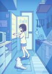  1girl animal barefoot blue_theme bottle cat commentary_request expressionless from_side full_body kettle kitchen ladle microwave monochrome open_refrigerator original oven oven_mitts pet profile refrigerator shirt short_hair shorts slice_of_life solo spatula standing stove suzuki_arisa_(arisa0456) t-shirt three-quarter_sleeves towel 