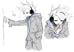  1boy animification bad_id bad_twitter_id black_coat black_pants blue_hoodie breath coat drawstring earmuffs eddsworld hollow_eyes hood hood_down hoodie jitome k3vccitq long_sleeves male_focus multiple_views official_alternate_costume open_clothes open_coat open_mouth pants short_hair simple_background sketch spiked_hair spot_color tom_(eddsworld) translation_request trench_coat white_background winter_clothes 