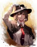  1girl absurdres black_capelet bow brown_eyes brown_hair capelet closed_mouth commentary english_commentary fedora gloves hair_bow hand_on_headwear hat hat_bow highres long_sleeves looking_at_viewer necktie red_necktie ribbon-trimmed_capelet ribbon_trim short_hair solo touhou upper_body usami_renko white_bow white_gloves yuhel 