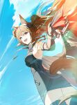  1girl :d absurdres angelina_(arknights) animal_ear_fluff animal_ears arknights arknights:_endfield black_gloves blue_sky bracelet breasts brown_hair cirrus_clouds coat commentary_request diamond-shaped_pupils diamond_(shape) dress dutch_angle elbow_gloves film_grain floating_hair fox_ears fox_girl fox_tail from_below gilberta_(arknights) gloves hair_intakes headgear high_collar highres holding holding_coat holding_unworn_clothes impossible_clothes impossible_dress infection_monitor_(arknights) jewelry long_hair looking_at_viewer medium_breasts nasol no_nose orange_hair outdoors red_coat short_dress sky sleeveless sleeveless_dress smile solo symbol-shaped_pupils tail tail_through_clothes teeth twintails unworn_coat upper_teeth_only 