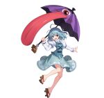  1girl :d artist_request blue_eyes blue_hair blue_vest brown_sandals full_body game_asset geta heterochromia holding holding_umbrella juliet_sleeves karakasa_obake long_sleeves looking_at_viewer medium_hair non-web_source official_art open_mouth puffy_sleeves purple_umbrella red_eyes sandals self-datamine simple_background smile solo tatara_kogasa toes touhou touhou_arcadia_record transparent_background umbrella vest 