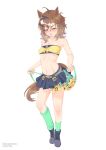  1girl absurdres animal_ears ankle_boots artist_name black_boots blue_skirt blush boots breasts brown_hair collarbone commentary_request crop_top full_body hair_between_eyes hair_ornament highres horse_ears horse_girl horse_tail jacket jungle_pocket_(champion's_battle_cry)_(umamusume) jungle_pocket_(umamusume) kacamata_kunink lace-up_boots looking_at_viewer midriff multicolored_hair navel notched_ear open_mouth simple_background skirt small_breasts solo steel-toe_boots suspender_skirt suspenders tail umamusume v-shaped_eyebrows white_background white_hair yellow_eyes 