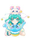  1girl aizen_(syoshiyuki) antennae aqua_eyes aqua_hair commentary_request creature cropped_torso fairy fingerless_gloves fuwa_(precure) gloves hagoromo_lala highres medium_hair pout precure prunce_(precure) puffy_cheeks simple_background single_fingerless_glove star_(symbol) star_in_eye star_twinkle_precure symbol_in_eye upper_body white_background 