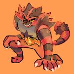  1other absurdres black_fur body_fur claws colored_sclera english_commentary fangs fire furry green_eyes grey_fur highres incineroar kurapixel orange_background other_focus pokemon pokemon_(creature) red_fur solo tail teeth yellow_sclera 