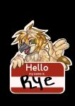 anthro avian badge bird english_text finger_gun gesture goathics green_eyes greeting hand_gesture hi_res looking_at_viewer male name_tag owl rye_owl_(character) solo text