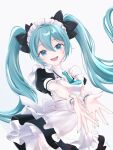  1girl apron aqua_eyes aqua_hair aqua_nails aqua_necktie black_bow bow breasts cleavage_cutout clothing_cutout commentary_request frilled_apron frills hair_between_eyes hair_bow hair_intakes hatsune_miku highres kaiexxx222 long_hair looking_at_viewer maid maid_apron maid_headdress necktie open_mouth puffy_short_sleeves puffy_sleeves short_sleeves simple_background small_breasts solo teeth twintails upper_body upper_teeth_only very_long_hair vocaloid white_apron white_background wing_collar 