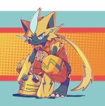  1other arumia blue_background blue_eyes body_fur claws full_body furry hard_hat helmet jumpsuit looking_at_viewer orange_background orange_jumpsuit pokemon pokemon_(creature) pokemon_unite sleeveless_jumpsuit solo squatting yellow_fur zeraora zeraora_(power_plant) 