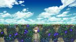  brown_hair cloud day earmuffs flower hiding morning_glory original plant purple_eyes solo wall yukawa 