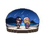  2girls asymmetrical_sidelocks beach black_capelet black_hat black_shoes black_skirt bow brown_eyes brown_hair capelet dress dusk full_body hair_ribbon hat hat_bow hat_ribbon highres long_hair maribel_hearn medium_hair mob_cap multiple_girls night one_eye_closed pixel_art purple_dress red_bow red_ribbon ribbon ruru2koichi sand shirt shoes shooting_star shore sidelocks skirt socks standing touhou usami_renko white_bow white_hat white_shirt white_socks yellow_eyes 