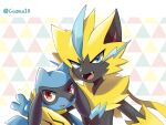  2others arm_around_shoulder blue_eyes blue_fur body_fur cazmo furry looking_at_viewer multiple_others neck_fur pokemon pokemon_(creature) pokemon_focus red_eyes riolu triangle_background upper_body yellow_fur zeraora 