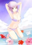  adjusting_hair arms_up bad_id bad_pixiv_id bikini blue_eyes cloud day flower hibiscus highres kneeling mouth_hold original purple_hair shitsuren_banchou_tea solo submerged swimsuit tying water 