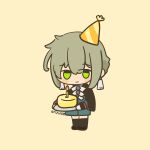  1boy artist_name ascot asticassia_school_uniform black_boots black_jacket blush_stickers boots cake candle closed_mouth commentary_request earrings elan_ceres food full_body gloves green_eyes green_hair gundam gundam_suisei_no_majo hair_between_eyes hat holding holding_plate jacket jewelry long_sleeves looking_at_viewer male_focus medium_hair party_hat plate rizu_(rizunm) school_uniform simple_background solo standing twitter_username white_ascot white_background white_gloves 