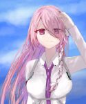  1girl arm_up braid closed_mouth floating_hair heaven_burns_red highres kura_monannnn kura_satomi long_hair multicolored_hair necktie pink_eyes pink_hair purple_necktie see-through_hair shirt streaked_hair upper_body white_hair white_shirt white_streaks 