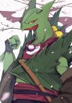  1boy absurdres ao_gravity claws commentary detached_sleeves falling_petals furry furry_male hand_up highres looking_at_viewer male_focus petals pokemon pokemon_(creature) sceptile solo upper_body white_background yellow_eyes 