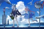  2girls absurdres ahoge animal_ear_fluff animal_ears bag bikini bird blue-tinted_eyewear blue_archive blue_eyes blue_jacket blue_one-piece_swimsuit blue_sky breasts carrying carrying_under_arm cloud commentary competition_swimsuit covered_navel covered_nipples cross_hair_ornament day doumu_(31678316) duffel_bag extra_ears eyewear_on_head flying food food_in_mouth fruit goggles goggles_on_head grey_hair hair_bobbles hair_ornament halo highleg highleg_one-piece_swimsuit highres holding holding_another's_wrist holding_bag hoshino_(blue_archive) hoshino_(swimsuit)_(blue_archive) huge_ahoge inflatable_toy inflatable_whale jacket jacket_partially_removed lighthouse long_hair low_twintails medium_breasts mirror mismatched_pupils multicolored_swimsuit multiple_girls official_alternate_costume one-piece_swimsuit outdoors pink_hair pink_halo plastic_bag platform_sandals ponytail popsicle popsicle_in_mouth ramune ring_of_light_(blue_archive) road_sign running sandals seagull shiroko_(blue_archive) shiroko_(swimsuit)_(blue_archive) shore sign sky standing summer sunglasses swimsuit tinted_eyewear traffic_mirror twintails water watermelon white-framed_eyewear white_bikini wolf_ears wolf_girl 