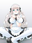  aqua_eyes between_breasts blush breasts hair_ribbon hiyori large_breasts long_hair maid maid_headdress mary_janes original ribbon shoe_dangle shoes silver_hair solo tears thighhighs white_legwear 