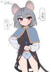 1girl absurdres animal_ears blush clothes_lift commentary_request dress dress_lift grey_hair highres lifting_own_clothes looking_to_the_side mash_illust mouse_ears mouse_girl mouse_tail nazrin panties pout red_eyes short_hair solo striped_clothes striped_panties tail touhou translation_request underwear 