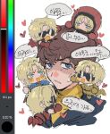 amuro_ray art_program_in_frame blonde_hair blue_eyes brown_hair char_aznable chibi floating gundam headshot korean_commentary korean_text mobile_suit_gundam multiple_boys multiple_expressions quattro_bajeena spacesuit sunglasses turtleneck variations winter_uniform zeta_gundam 