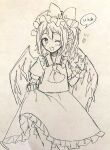  1girl ascot bow collared_shirt commentary_request crystal crystal_wings flandre_scarlet frilled_shirt_collar frills furawast hat hat_bow highres holding_own_skirt mob_cap one_side_up shirt sketch skirt solo speech_bubble touhou traditional_media translation_request vest wings 