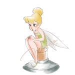  1girl bare_shoulders blonde_hair blue_eyes breasts commentary dress fairy fairy_wings green_dress green_shoes hair_bun highres looking_at_viewer mini_person minigirl mio_ney pointy_ears shoes short_hair single_hair_bun solo strapless strapless_dress tinker_bell_(disney) untranslatable_commentary walt_disney's_peter_pan wings 