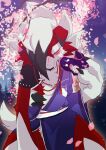  1boy absurdres ao_gravity body_fur cherry_blossoms claws commentary_request cowboy_shot falling_petals furry furry_male hand_up highres holding holding_mask japanese_clothes kimono looking_at_viewer lycanroc male_focus mask outdoors petals pink_eyes pokemon pokemon_(creature) purple_background purple_kimono red_fur tail white_fur 