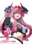  1girl arknights arknights:_endfield artist_name bare_shoulders black_gloves black_horns blue_eyes breasts catpersonyeahhh cellphone commentary crop_top diamond_in_eye dragon_girl dragon_horns english_commentary fang gloves hair_intakes hair_on_horn hand_up highres holding holding_phone horns large_breasts long_hair multicolored_gloves multicolored_hair multicolored_horns navel open_mouth phone pink_gloves pink_hair pink_horns pink_sleeves pink_tube_top pointy_ears simple_background smartphone smile strapless streaked_hair tube_top two-sided_gloves two-tone_gloves two-tone_horns upper_body white_background yvonne_(arknights) 