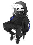  1boy :d alternate_costume animification eddsworld fangs fingerless_gloves full_body gloves greyscale highres hollow_eyes hood hood_up hooded_jacket jacket jitome k3vccitq long_sleeves male_focus mask mask_pull monochrome mouth_mask open_clothes open_jacket pants shirt shoes short_hair simple_background sitting sketch smile sneakers solo spiked_hair spot_color techwear third-party_source tom_(eddsworld) turtleneck turtleneck_shirt white_background 