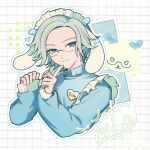  1boy alternate_costume animal_ears aotsuki_eito blue_eyes character_name commentary cropped_torso crossdressing crossdressing_(mtf) dewli dog_ears english_commentary glasses grey_hair grid_background heart-shaped_tag jacket jersey_maid looking_at_viewer maid male_focus male_maid name_tag pointing pointing_up semi-rimless_eyewear short_hair solo the_hundred_line_-last_defense_academy- unconventional_maid white_background 