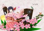  bird black_hair blue_eyes cherry_blossoms fan flower japanese_clothes kimono md5_mismatch musical_note oimari original smile solo speaker vocaloid vy1 