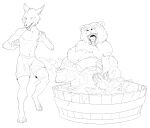 2026 4_toes 5_fingers aetherxov anthro assisted_bathing barrel bath bath_water bathing bathtub bear biped bottomless bottomwear brown_bear canid canine canis claws clothed clothing digital_drawing_(artwork) digital_media_(artwork) digitigrade duo eyebrows feet finger_claws fingers fur grizzly_bear hair handpaw hi_res in_bath in_bathtub kuruk_(character) looking_at_another male male_anthro mammal mane mane_hair monochrome mostly_nude nude paws plantigrade playing sharp_teeth short_ears short_fur shorts simple_background sitting sitting_in_bathtub sketch skinny skinny_anthro skinny_male slightly_chubby slightly_chubby_anthro slightly_chubby_male small_ears smile snout soap_bubbles splash splashing_water standing tall teeth three-quarter_view toe_claws toes tongue tongue_out topless topless_male ursidae ursine ursine_ears washtub water water_splashes wet wet_body wet_fur