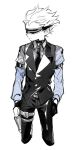  1boy adapted_costume alcohol animification arm_strap bad_id bad_twitter_id belt blue_shirt choker collared_shirt cropped_legs eddsworld expressionless flask future_tom_(eddsworld) gloves hand_in_pocket head-mounted_display hip_flask holding holding_flask k3vccitq long_sleeves male_focus necktie pants shirt short_hair simple_background sketch solo spiked_hair spot_color thigh_strap tom_(eddsworld) vest white_background 