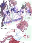  5girls animal_ears black_hair blue_eyes blue_flower blue_hat blue_rose blush bow bowtie brown_hair cherry_blossoms closed_eyes closed_mouth commentary_request ear_bow ear_covers flipped_hair flower gym_shirt gym_shorts hair_between_eyes hair_flower hair_ornament hair_over_one_eye hat hat_flower highres horse_ears horse_girl horse_tail horseshoe_ornament hug long_hair mejiro_bright_(umamusume) multicolored_hair multiple_girls naenaejkr open_mouth purple_bow purple_bowtie purple_eyes red_eyes red_shorts rice_shower_(umamusume) rose sailor_collar sailor_shirt sakura_chiyono_o_(umamusume) school_uniform shirt shorts simple_background skirt smile special_week_(umamusume) streaked_hair tail tail_through_clothes tearing_up tilted_headwear tracen_school_uniform translation_request umamusume white_background white_sailor_collar white_shirt white_skirt white_streaks winning_ticket_(umamusume) 