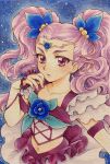  1girl absurdres aizen_(syoshiyuki) blue_flower brooch commentary_request flower flower_brooch highres jewelry long_hair looking_at_viewer magical_girl midriff milky_rose mimino_kurumi navel parted_lips precure purple_eyes purple_hair solo traditional_media twintails upper_body wavy_hair yes!_precure_5 yes!_precure_5_gogo! 