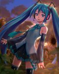  aqua_hair blue_eyes cloud detached_sleeves flower hatsune_miku headset heus_(nuntarou) highres long_hair necktie skirt sky solo sunflower thighhighs twintails very_long_hair vocaloid 