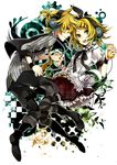  1girl aqua_eyes black_legwear blonde_hair boots brother_and_sister digital_media_player hair_ornament hair_ribbon hairclip headphones ipod kagamine_len kagamine_rin pantyhose ribbon short_hair siblings skirt smile striped striped_legwear twins vocaloid yuzuki_karu 