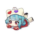  1girl :3 animal_on_head aqua_hair aqua_skirt cat cat_on_head cellphone chibi chibi_only closed_mouth double_bun full_body hair_bun hair_ornament hairclip hat highres kiwipodo leg_up leg_warmers long_sleeves looking_at_object looking_at_phone lying medium_hair miniskirt multicolored_hair on_head on_stomach phone red_sweater shiranami_ramune shiranami_ramune_(2nd_costume) simple_background single_sidelock skirt smartphone smile solo streaked_hair sweater virtual_youtuber vspo! white_background white_streaks yellow_hat yellow_leg_warmers 