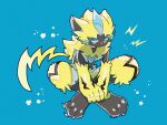  1other blue_background blue_eyes body_fur claws full_body furry highres indian_style lightning_bolt_symbol looking_at_viewer neck_fur pokemon pokemon_(creature) pokemon_focus simple_background sinobu_(miiik_sinobu) sitting solo yellow_fur zeraora 