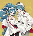  absurdres bag belt black_gloves blue_hair brooch collar commission curly_hair dress flower frown gloves grey_eyes hair_flower hair_ornament handbag hat headdress highres jacket jewelry long_sleeves looking_at_viewer original pantyhose seoji smile sweater white_dress 