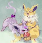 big_penis bodily_fluids bow_ribbon cum cum_drool drooling eeveelution espeon fellatio fellatio_from_feral feral feral_on_feral fur generation_1_pokemon generation_2_pokemon genital_fluids genitals hi_res huge_penis inky_(inkblot) jolteon mammal nintendo oral penile penis pokemon pokemon_(species) purple_body purple_fur pushing_down pushing_head saliva saliva_on_penis sex soruchee_(soruchee) yellow_body yellow_fur zanthu