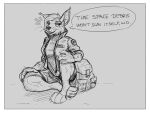 anthro backpack barefoot clothing dialogue eyebrows eyelashes feet felid feline female fur hair jacket lynx mammal mawkvlt open_mouth sitting solo speech_bubble teeth teeth_showing text topwear
