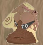 anthro big_breasts big_butt blush blush_lines breasts brown_background brown_body brown_fur butt clothed clothing clothing_down duo eyelashes feces feces_creature female fur generation_4_pokemon genitals hi_res inabunstar long_ears looking_at_viewer looking_back lopunny mostly_nude nintendo nipples panties panties_down partially_clothed pink_eyes pink_nose pokemon pokemon_(species) simple_background smelly smile solo_focus stink_fumes stink_lines story story_at_source story_in_description tail text text_on_clothing transformation tulip_(kitokitokito) underwear underwear_down vulva 