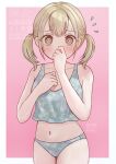  1girl @_@ aqua_bikini azusawa_kohane bikini blonde_hair border breasts brown_eyes cleavage commentary_request covering_own_mouth cowboy_shot crop_top embarrassed flying_sweatdrops hands_up highres leaf_print looking_at_viewer midriff navel nekoeve outside_border pink_background print_bikini project_sekai raised_inner_eyebrows short_hair simple_background solo standing swimsuit tankini twintails watermark white_border 