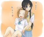  aira_(endless5515) akiyama_mio black_hair blue_eyes blush brown_hair closed_eyes k-on! long_hair multiple_girls petting school_uniform short_hair tainaka_ritsu translated 