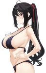  1girl :3 \||/ ahoge alternate_costume armpit_crease bare_shoulders bikini black_bikini black_hair blush breasts character_name cleavage closed_mouth collarbone colored_eyelashes commentary cowboy_shot fingernails from_side hair_between_eyes hair_ribbon halterneck hand_on_own_hip highres hoshikawa_kaguya large_breasts long_hair looking_at_viewer navel ponytail profile red_eyes red_ribbon ribbon sideboob sidelocks simple_background skindentation smile solo split_mouth stomach swimsuit tenshi_souzou_re-boot! tft_(tft7822) tsurime very_long_hair wavy_ends white_background 